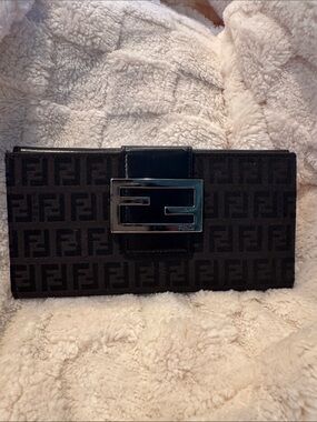 Fendi Black Zucca FF Logo Canvas Clutch with Silver Buckle